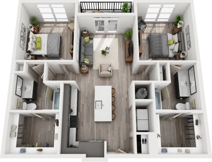Contemporary 3D floor plan showcasing 2 bedrooms with large windows, modern kitchen with island, and cozy living room. Inviting design with stylish furnishings and ample natural light.