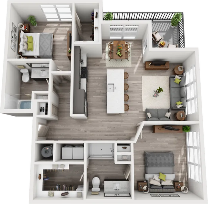Modern 3D floor plan featuring two spacious bedrooms, elegant open-concept kitchen and living area, and a stylish patio space.