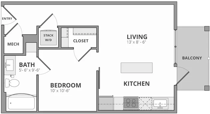 Contemporary floor plan showcasing a spacious living area with balcony, modern kitchen, cozy bedroom, and efficient bathroom layout.