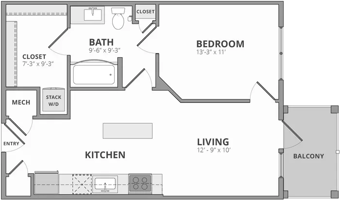Modern apartment floor plan showcasing a spacious bedroom, inviting living area, sleek kitchen, and private balcony.
