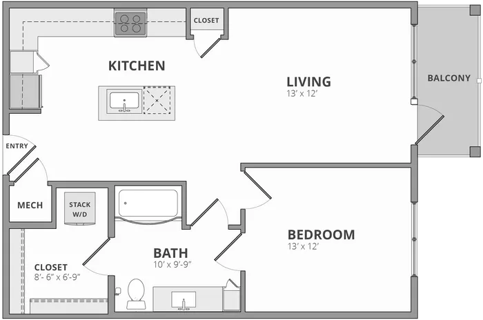 Modern 1-bedroom floor plan featuring open-concept kitchen and living area, spacious bath, and private balcony.