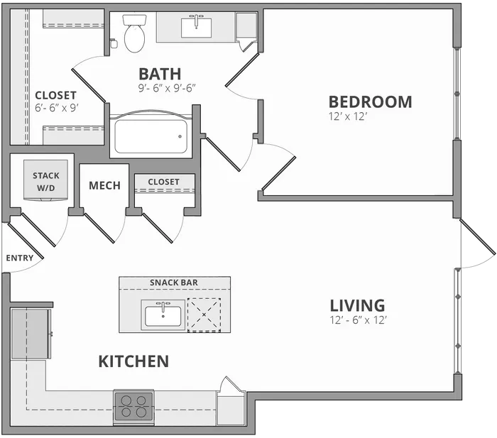 Modern floor plan featuring a spacious bedroom, bath with ample closets, open living and kitchen area with a convenient snack bar.