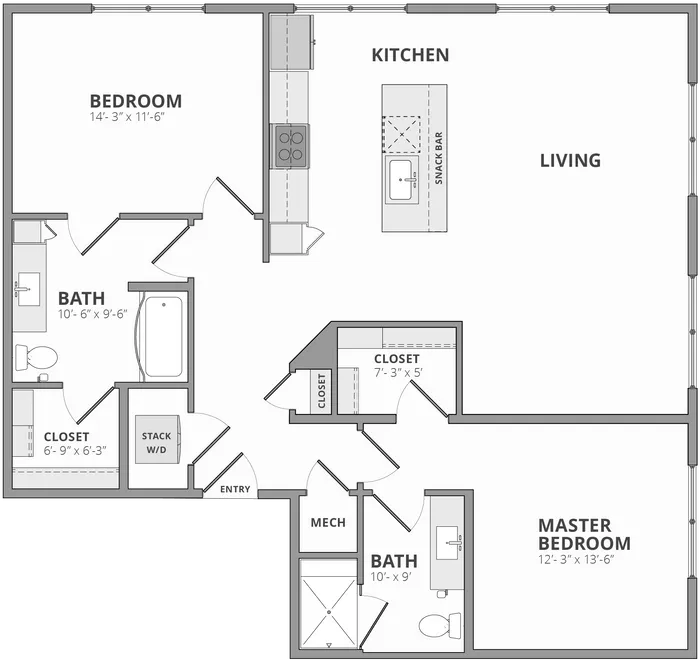Inviting floor plan showcasing 2 bedrooms, a master suite, sleek kitchen with snack bar, and spacious living area.