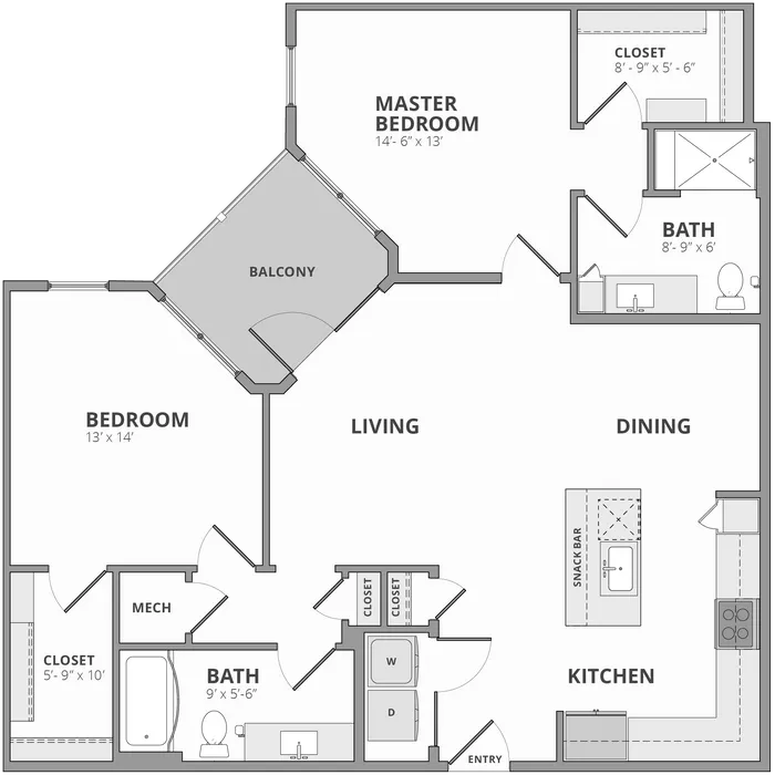 Modern apartment floor plan featuring a master bedroom with en-suite bath, an additional bedroom, open living and dining area, stylish kitchen with snack bar, and a private balcony.