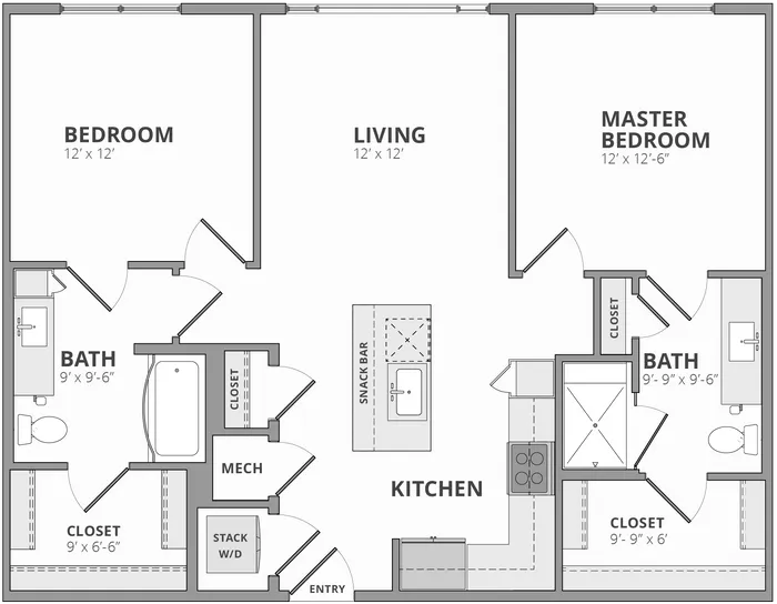 Modern floor plan showcasing 2 spacious bedrooms, inviting living area, and open kitchen with snack bar. Includes 2 bathrooms and ample closet space.