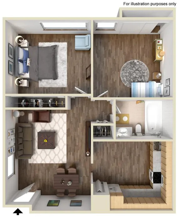 Charming 2D floor plan featuring 1 bedroom, cozy living room, stylish kitchen, and modern bathroom, optimized with smart space utilization.