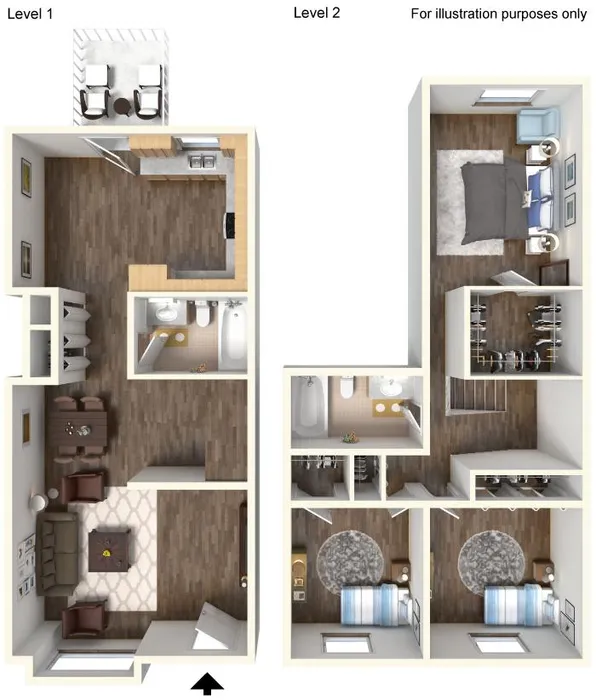 Contemporary two-level floor plan with three cozy bedrooms, an inviting living area, modern kitchen, and balcony space; ideal for family living.