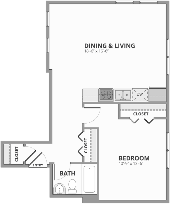 Modern 1-bedroom floor plan featuring spacious dining and living area, sleek kitchen, and convenient bathroom layout.