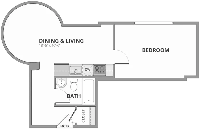 Modern floor plan showcasing a spacious one-bedroom apartment with open dining and living area, efficient kitchen, and full bathroom.