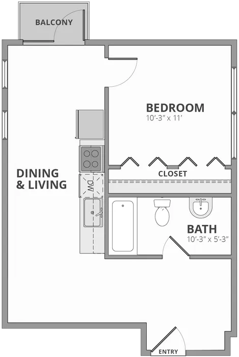 Inviting floor plan featuring a cozy bedroom, modern kitchen, dining and living area, bathroom, and private balcony.