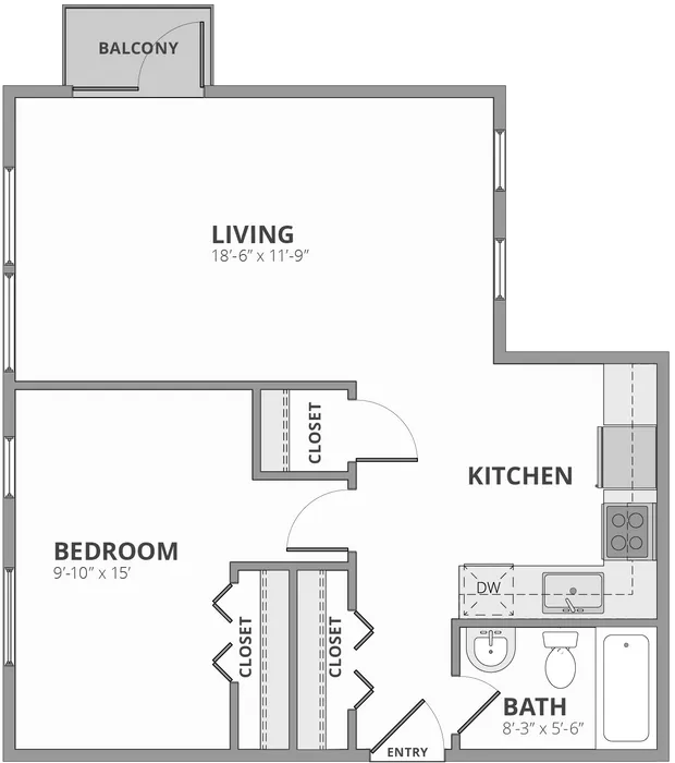 Modern 2D floor plan showcasing a spacious one-bedroom apartment with a balcony, open living area, sleek kitchen, and convenient bath.