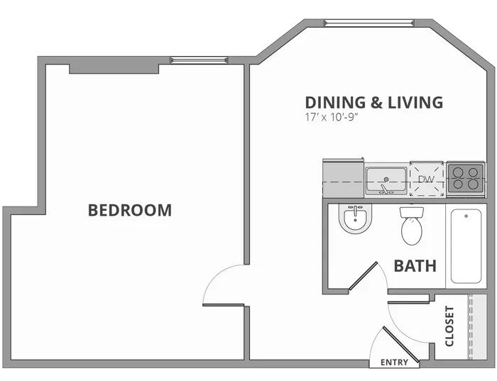 Chic floor plan showcasing a spacious bedroom, open dining and living area, and a modern bath with kitchen amenities.