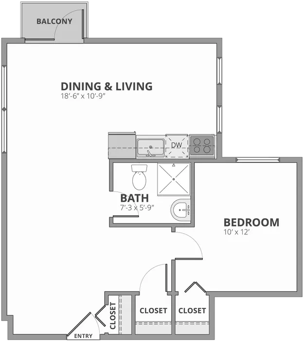 Modern floor plan showcasing a spacious 1-bedroom apartment with an open dining and living area, bathroom, two closets, and inviting balcony access.