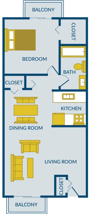 Inviting floor plan featuring a spacious bedroom with a private balcony, modern kitchen, and open living dining area for effortless relaxation.