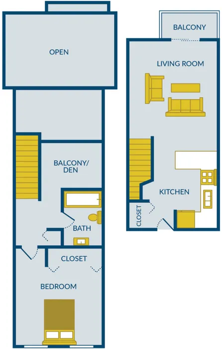 Charming duplex floor plan featuring one bedroom, a spacious den, a modern kitchen, cozy living room, balcony, and a bath.