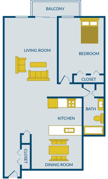 Modern floor plan featuring a spacious bedroom, open living and dining room, functional kitchen, and cozy balcony with ample storage closets.