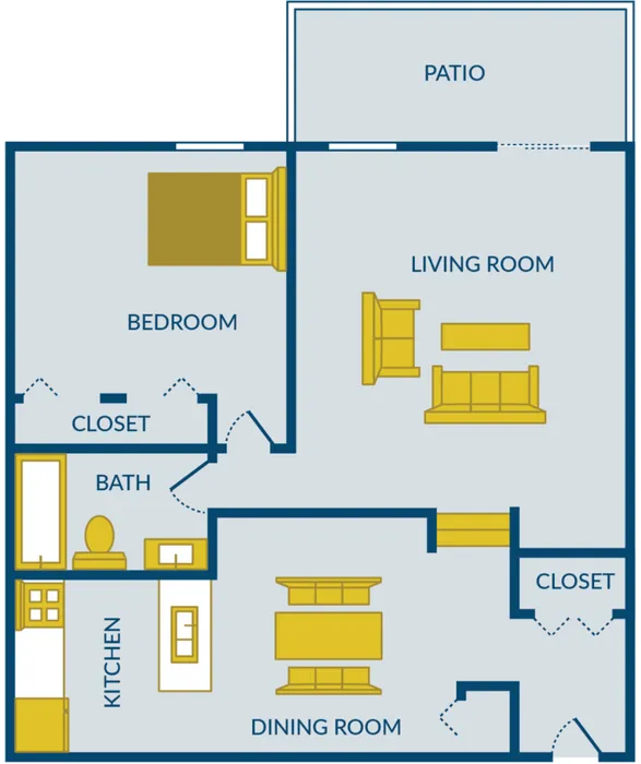 Modern apartment floor plan showcasing a bedroom, spacious living room, well-designed kitchen, dining room, bath, closet space, and a welcoming patio.