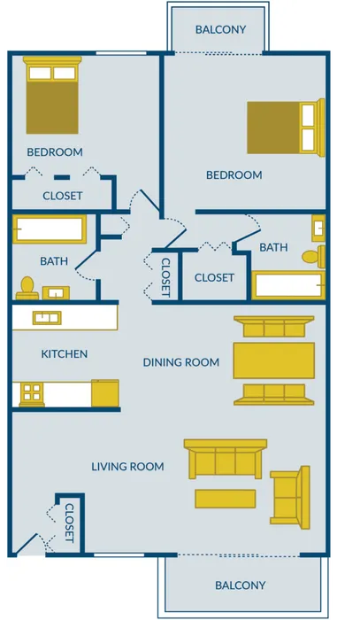 Modern floor plan showcasing two bedrooms, each with a private balcony, two baths, open-concept living and dining area, and a well-designed kitchen.