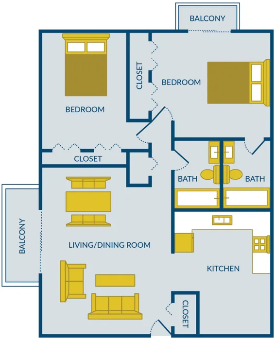 Elegant floor plan showcasing a spacious 2-bedroom apartment with dual balconies, open living and dining area, and a modern kitchen.