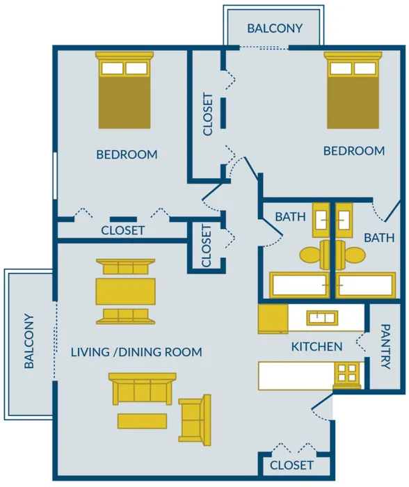 Inviting 2D floor plan featuring 2 spacious bedrooms, stylish open living and dining area, modern kitchen with pantry, 2 bathrooms, and dual balconies for enhanced living experience.
