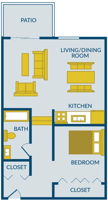 Modern floor plan featuring a cozy bedroom, sleek kitchen, spacious living/dining area, elegant bath, and a relaxing patio.