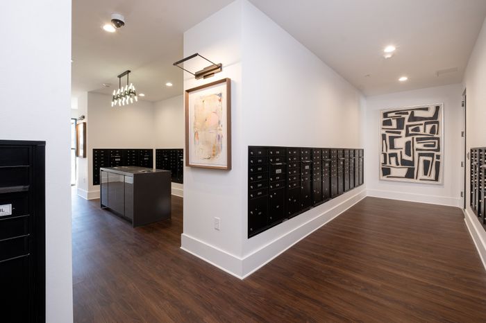 Sophisticated mailroom featuring sleek black mailboxes and contemporary artwork with elegant lighting.