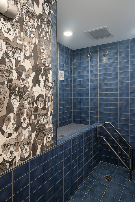 Chic bathroom with vibrant blue tiles and a whimsical dog-themed wallpaper, creating a playful and modern ambiance.