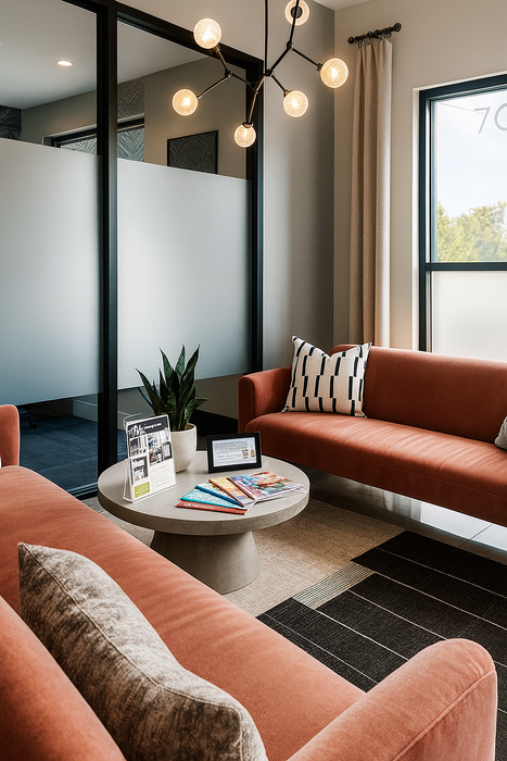 Modern office lounge with stylish orange sofas, contemporary decor, and ample natural light.