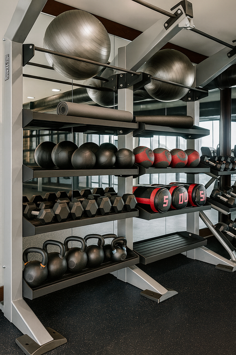 Modern gym storage featuring a variety of fitness equipment including stability balls, yoga mats, medicine balls, dumbbells, and kettlebells for a complete workout experience.