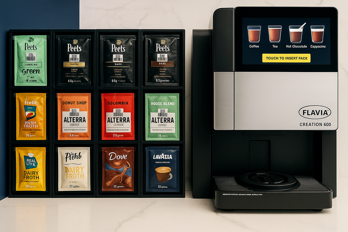 Modern beverage station with a sleek coffee machine and a diverse selection of single-serve packs, offering a stylish and convenient refreshment experience.