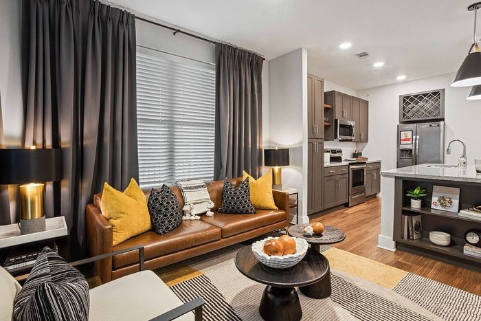 Chic living room with cozy leather sofa, vibrant cushions, and contemporary open kitchen layout enhanced by modern lighting.