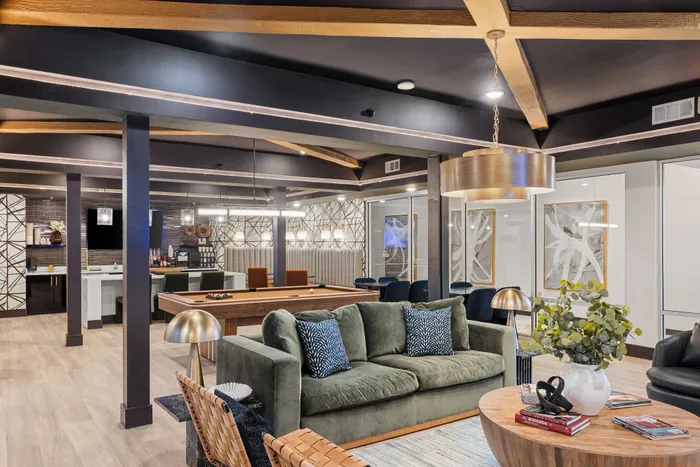 Luxurious open-concept lounge with modern decor, stylish furniture, pool table, and vibrant accents.