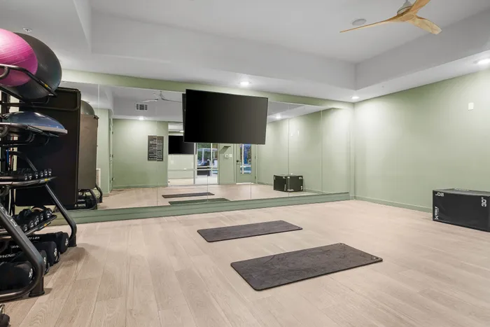 Modern fitness room with full-length mirrors, yoga mats, exercise balls, and sleek wood flooring.
