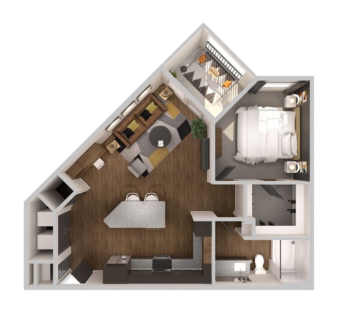 Elegant open-concept floor plan featuring one bedroom, modern kitchen with island, cozy living area, and private balcony.