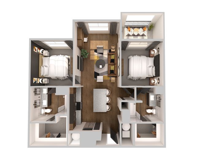 Modern 3D floor plan showcasing 2 bedrooms, open living room with kitchen, and cozy balcony for an inviting living space.