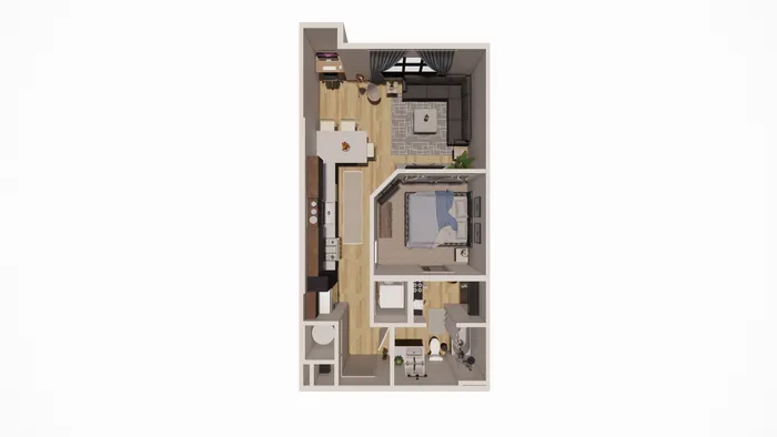 Studio 1 bedroom floor plan featuring a cozy bedroom, modern kitchen, and inviting living area with stylish decor.