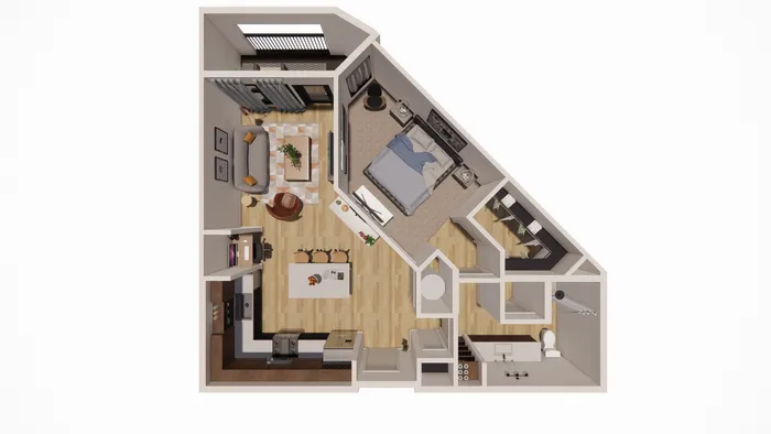 Modern floor plan showcasing a spacious one-bedroom apartment with sleek open-concept kitchen and living area, inviting design with elegant furnishings.