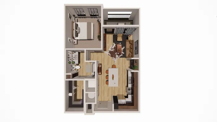 Modern 3D floor plan showcasing a cozy apartment with one spacious bedroom, stylish living area, elegant dining space, and a fully equipped kitchen.