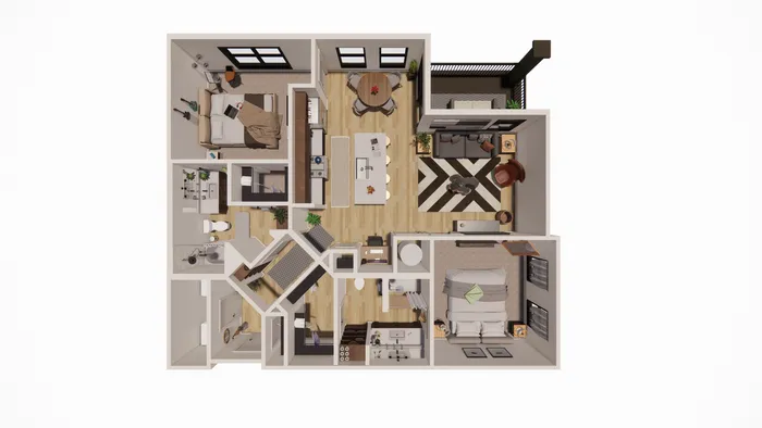 Modern 3D floor plan showcasing two cozy bedrooms, an inviting open-concept living-dining area, a sleek kitchen, and a private balcony.