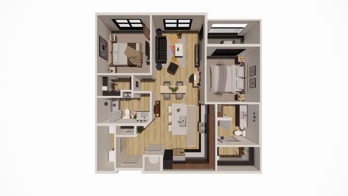 Modern 2D floor plan showcasing a spacious open-concept living area, two cozy bedrooms, and a sleek kitchen with island seating.