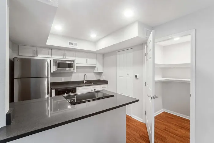 Modern kitchen with sleek countertops, stainless steel appliances, and ample cabinetry.