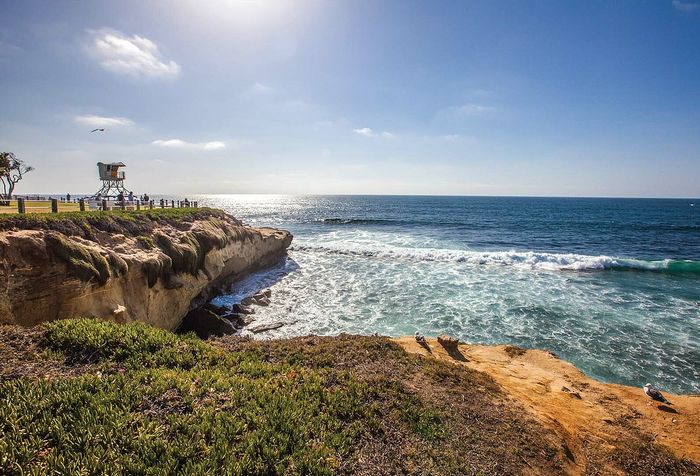 Breathtaking coastal view with rugged cliffs, vibrant greenery, and a lifeguard tower overlooking the sparkling ocean.