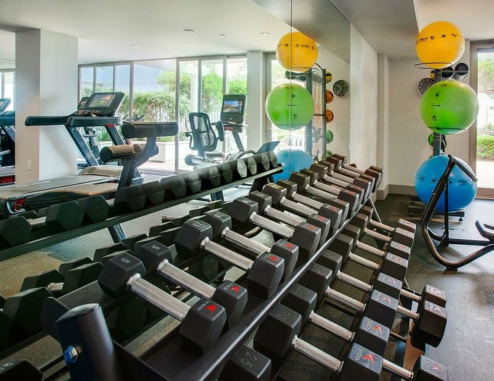 Modern apartment gym with a range of dumbbells, cardio machines, and vibrant exercise balls, offering a dynamic fitness experience.