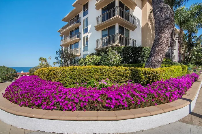Charming apartment building with ocean view, surrounded by vibrant purple flowers and lush greenery under a clear blue sky.