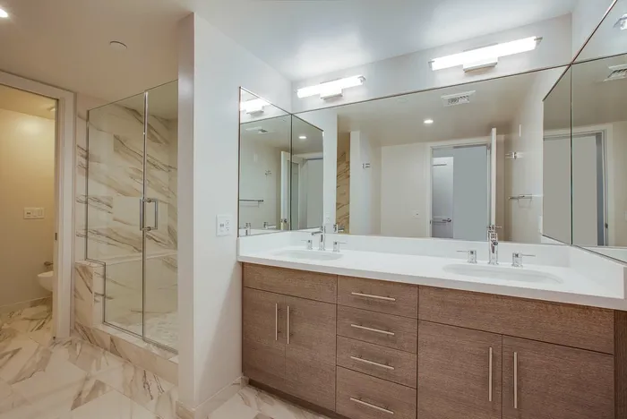 Luxurious bathroom with elegant dual vanity, modern lighting, and exquisite marble shower.
