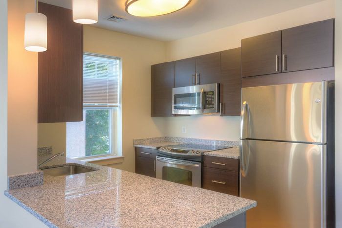 Modern kitchen with sleek stainless steel appliances, elegant granite countertops, and stylish lighting.