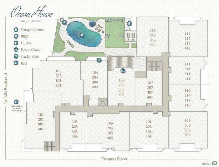 Ocean House floor plan showcasing a luxurious layout with a pool, fitness center, and garden club adjacent to spacious multi-level suites on La Jolla Boulevard.