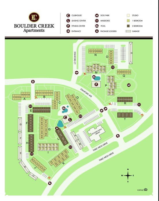 Boulder Creek Apartments site map showcasing a vibrant community with multiple apartment complexes, fitness center, pool, and dog park, surrounded by lush green spaces and convenient amenities.