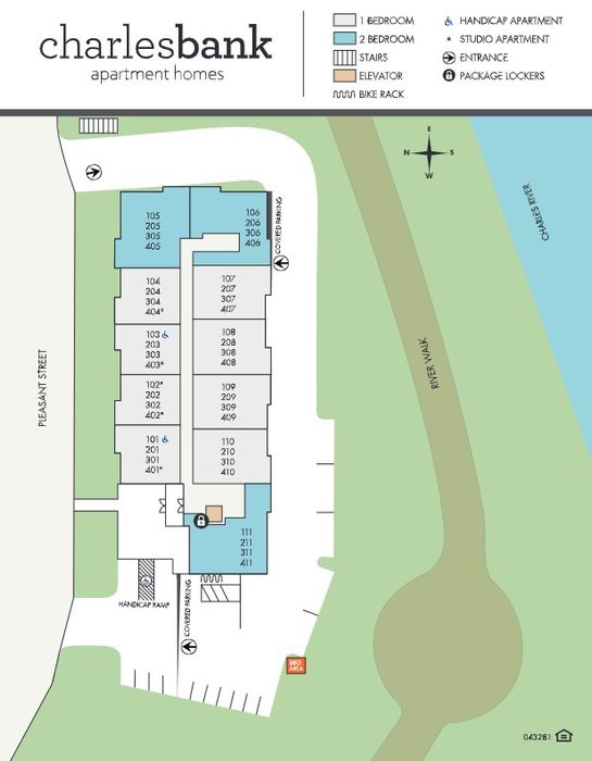 Charlesbank apartment map showcasing a variety of 1 and 2 bedroom units with modern amenities, situated near a scenic river walk.