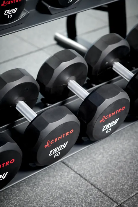 Premium gym with sleek dumbbell rack showcasing a variety of weights, perfect for strength training enthusiasts.